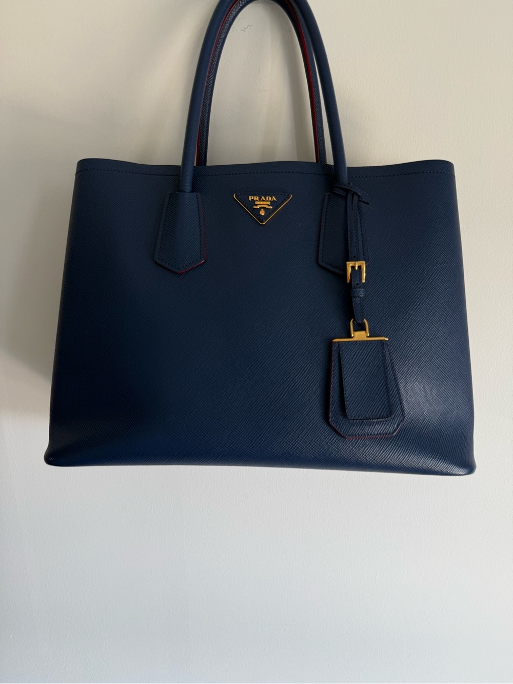 Prada Dark Navy Saffiano Leather Tote with Gold Accents